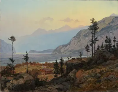 Schweizer Alpenlandschaft mit Fluss und See av Johann Wilhelm Schirmer