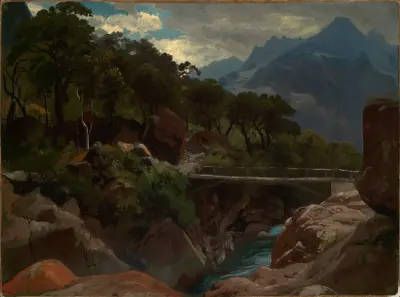Schweizisk bergsflod med spång av Johann Wilhelm Schirmer