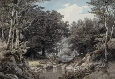 Skogsinteriör med hjortar vid vattnet av Johann Wilhelm Schirmer