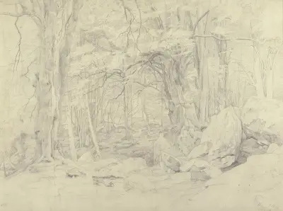 Waldinneres, unten rechts zwei karikierte männliche Profilköpfe av Johann Wilhelm Schirmer