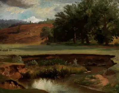 Skogsrand med damm i förgrunden av Johann Wilhelm Schirmer
