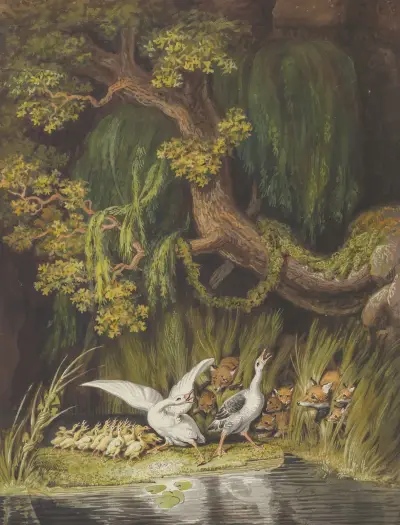 A Goose and a Gander with their Goslings Honking in Alarm as Two Foxes with their Cubs Emerge from the Rushes av Johann Heinrich Wilhelm Tischbein