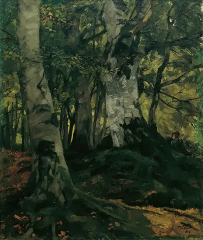 Bokskog med älskande par av Wilhelm Trübner