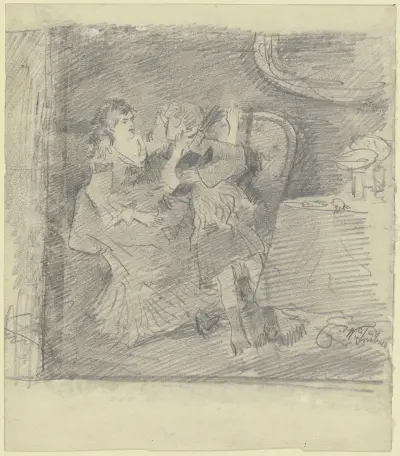 Dame und Herr mit Kind auf einem Sofa, daneben Tisch mit Glas und Fruchtschale av Wilhelm Trübner