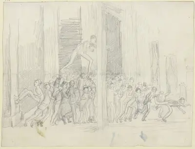Eine Menschenmenge, die ein Theaterr stürmt av Wilhelm Trübner