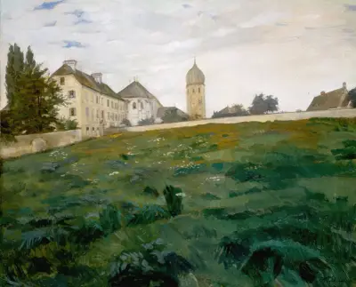 Kvinnor på Chiemsee, klosteräng med kyrktorn III av Wilhelm Trübner