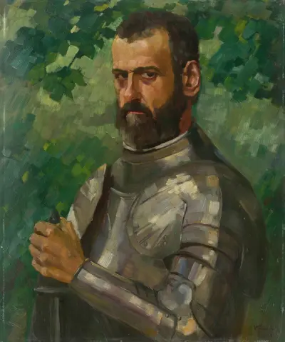 Half-length Portrait of a Man in Armor av Wilhelm Trübner