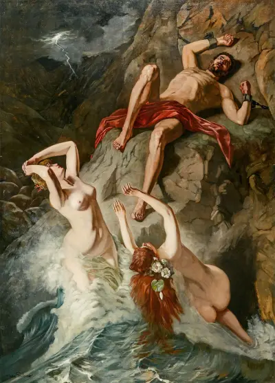 Prometheus, begråten av okeaniderna (I) av Wilhelm Trübner