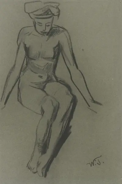 Sitting female nude av Wilhelm Trübner