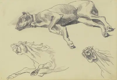 Studienblatt; Die Dogge Cäsar, auf der Seite liegend nach links, schlafend; darunter zwei Pferdestudien in starker Untersicht av Wilhelm Trübner