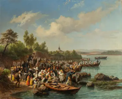 Church Boats at Leksand av Josef Wilhelm Wallander