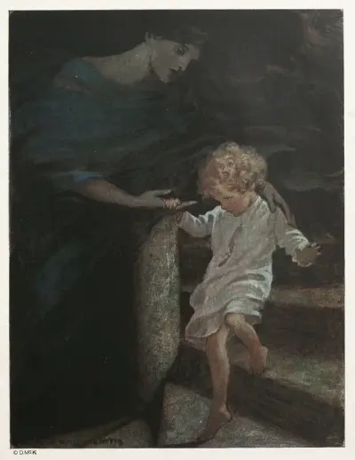 She took his hand, and giving him the broad part of the spiral stair to walk on, led him down a good way av Jessie Willcox Smith