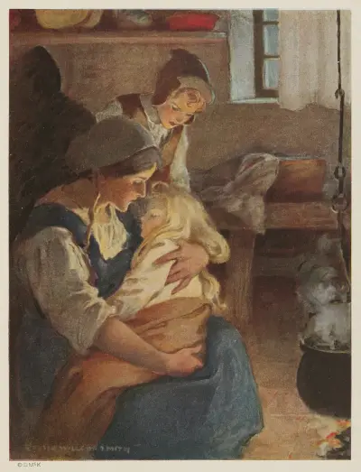 Där satt hans mor vid elden, och i hennes famn låg prinsessan i djup sömn av Jessie Willcox Smith