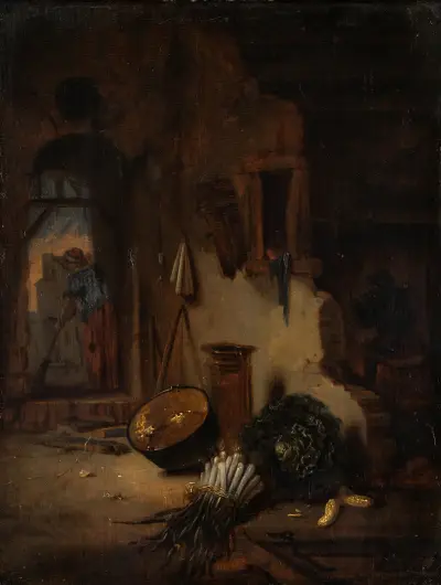 Kitchen Interior with Woman sweeping av Willem Kalf