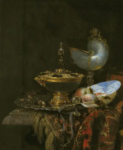 Pronk Still Life With Holbein Bowl, Nautilus Cup, Glass Goblet And Fruit Dish av Willem Kalf