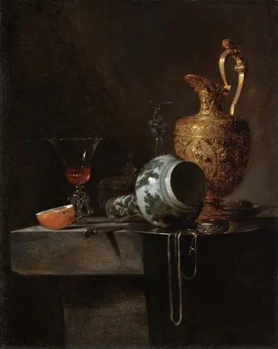 Still Life with a Porcelain Vase, Silver-gilt Ewer, and Glasses av Willem Kalf