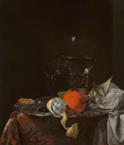Still Life with Fruit and Wineglasses on a Silver Plate av Willem Kalf