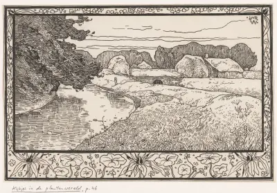 Gräsmark med vatten och bondgård av Willem Wenckebach