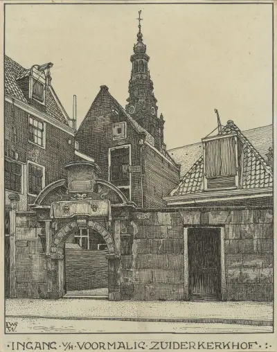 Ingången till den före detta Zuiderkerkhof vid St. Anthonie Breestraat i Amsterdam av Willem Wenckebach