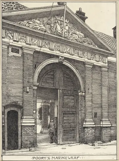 Porten till marinvarvet vid Grote Kattenburgerstraat i Amsterdam av Willem Wenckebach