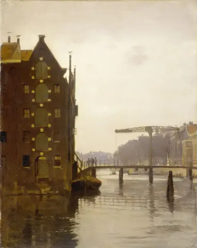 Pakhuizen aan een Amsterdamse gracht op Uilenburg av Willem Witsen