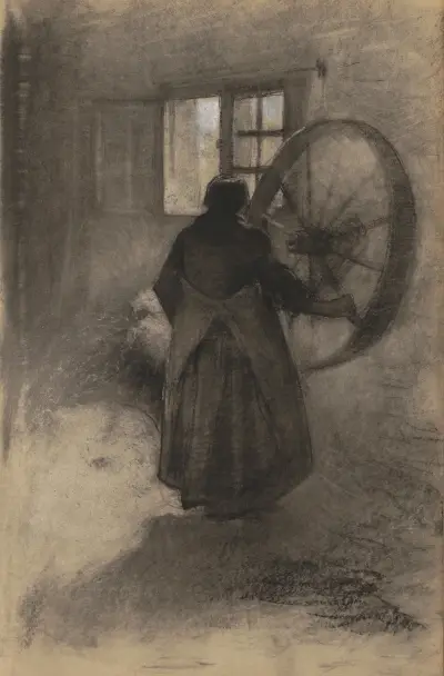 Kvinna med ett vagnshjul i en lada av Willem Witsen