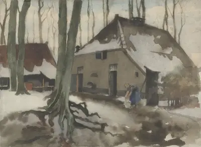 Kvinna framför ett hus i en snötäckt skog av Willem Witsen
