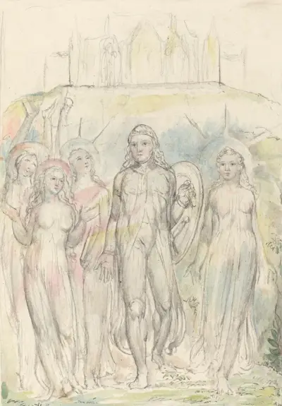 Christian with the Shield of Faith, Taking Leave of His Companions av William Blake