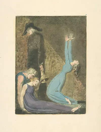 Man supporting supine woman, aged man with bell, and woman in blue dress, arms raised in suppliction av William Blake
