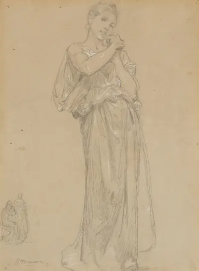 Ung flicka draperad och en grupp figurer, studie till Första smyckena av William Bouguereau