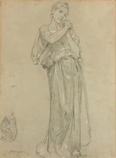 Ung kvinna i drapering och en grupp figurer, studie till 'Premiers bijoux' av William Bouguereau