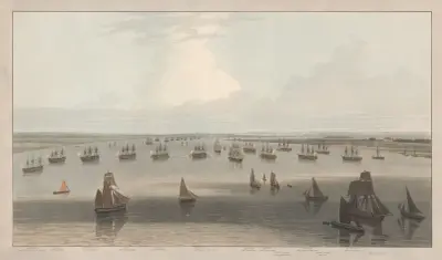 Utsikt över fregatterna stationerade i Hope under befäl av Trinity House äldste, Thames mynning av William Daniell