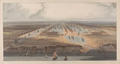 An Elevated View of the New Docks & Warehouses now Constructing on the Isle of Dogs av William Daniell