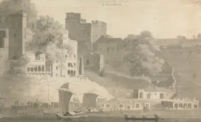 Bramha and Nursingdara Ghat, Varanasi av William Daniell