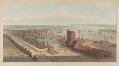 Brunswick Dock on the Thames at Blackwall av William Daniell