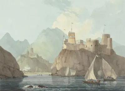 East View of the Forts Jellali and Merani, Muskat av William Daniell