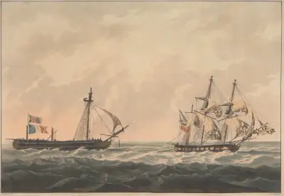 H.M.S. Sloop ‘Bonne Citoyenne’ taking the French Frigate…. av William Daniell