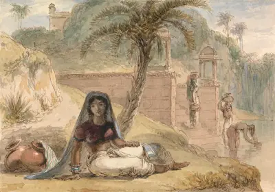 Indian Girl Seated by a River av William Daniell