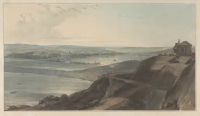 Utsikt över staden och en del av hamnen i Falmouth från Pendennis Castle, Cornwall av William Daniell