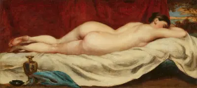 Kvinna sovande på en soffa framför en röd ridå av William Etty