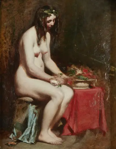Sittande kvinnlig naken med blommor i håret och ett stilleben vid sin sida av William Etty