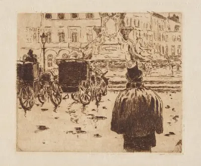 Brussels stadsplein met koetsen en personages av Alfred William Finch