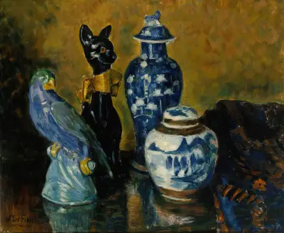 Stilleben med blå figurer av Alfred William Finch