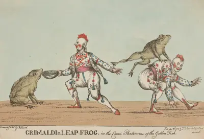 Grimaldis hoppande groda, i den komiska pantomimen Den gyllene fisken av William Heath