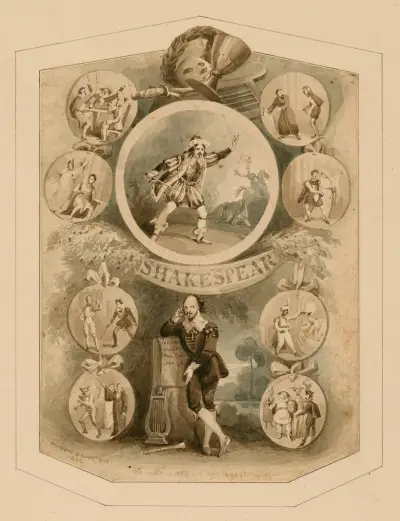 Porträtt av Shakespeare, omgiven av karaktärer från hans pjäser av William Heath