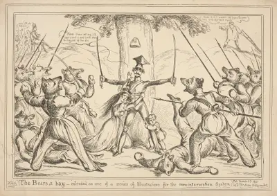 Die Bären in der Klemme – gedacht als eine von mehreren Illustrationen für das Nichteinmischungssystem von William Heath