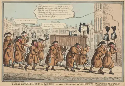 Die Charleys in Trauer oder das Begräbnis der Wachhäuschen der Stadtwache von William Heath