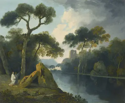 A River Landscape With Monks Conversing By A Pair Of Megaliths, With Ruins Beyond av William Hodges