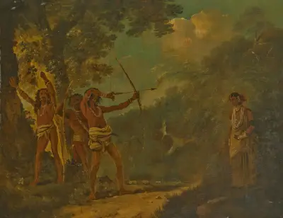 Paharia-Stammesangehörige mit Bögen und Pfeilen und eine bengalische Frau in einer Waldlandschaft von William Hodges