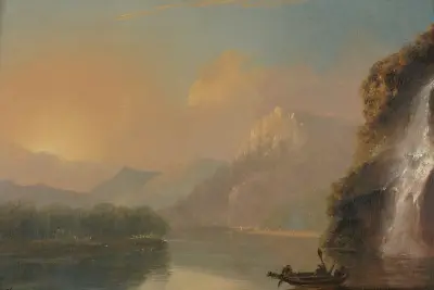 Waterfall in Dusky Bay with Maori canoe av William Hodges